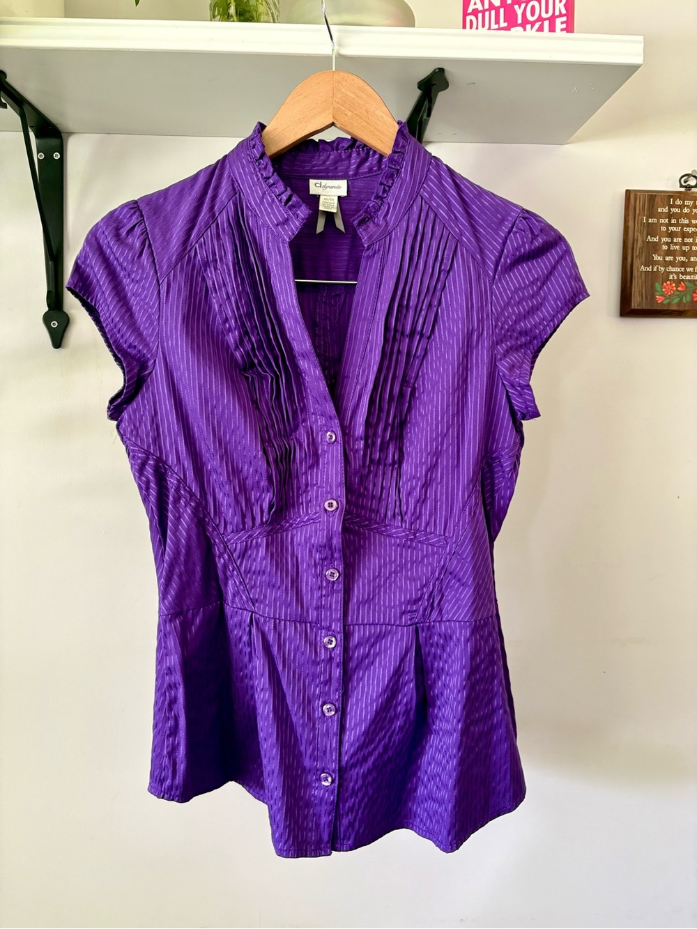 Dynamite Purple Pintuck Cap-Sleeve Button-Front Blouse